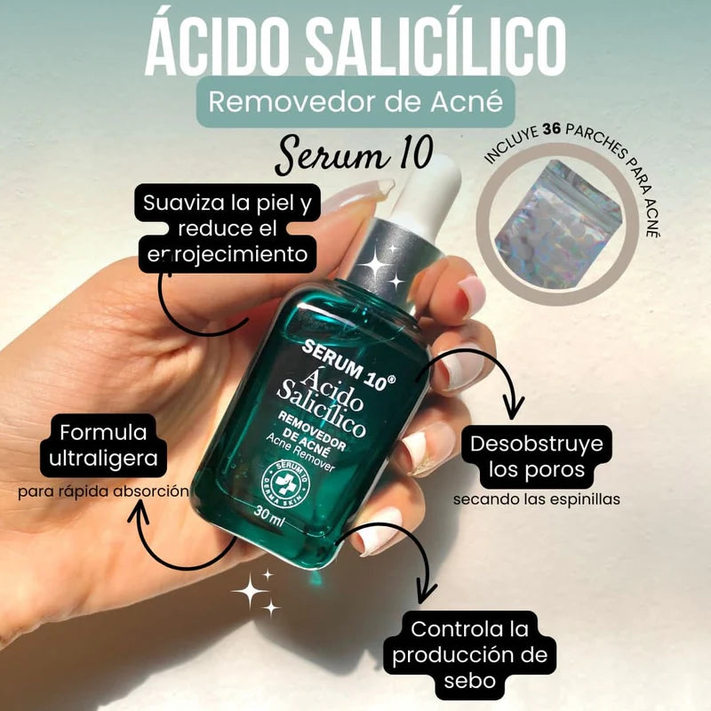 Serum10™: Serum Anti Acné Ultra Concentrado con Ácido Salicílico + 36 Parches Anti-Acné