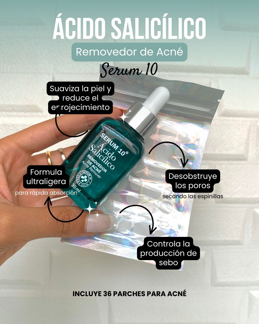 Serum10™: Serum Anti Acné Ultra Concentrado con Ácido Salicílico + 36 Parches Anti-Acné