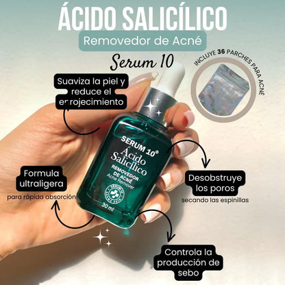 Serum10™: Serum Anti Acné Ultra Concentrado con Ácido Salicílico + 36 Parches Anti-Acné
